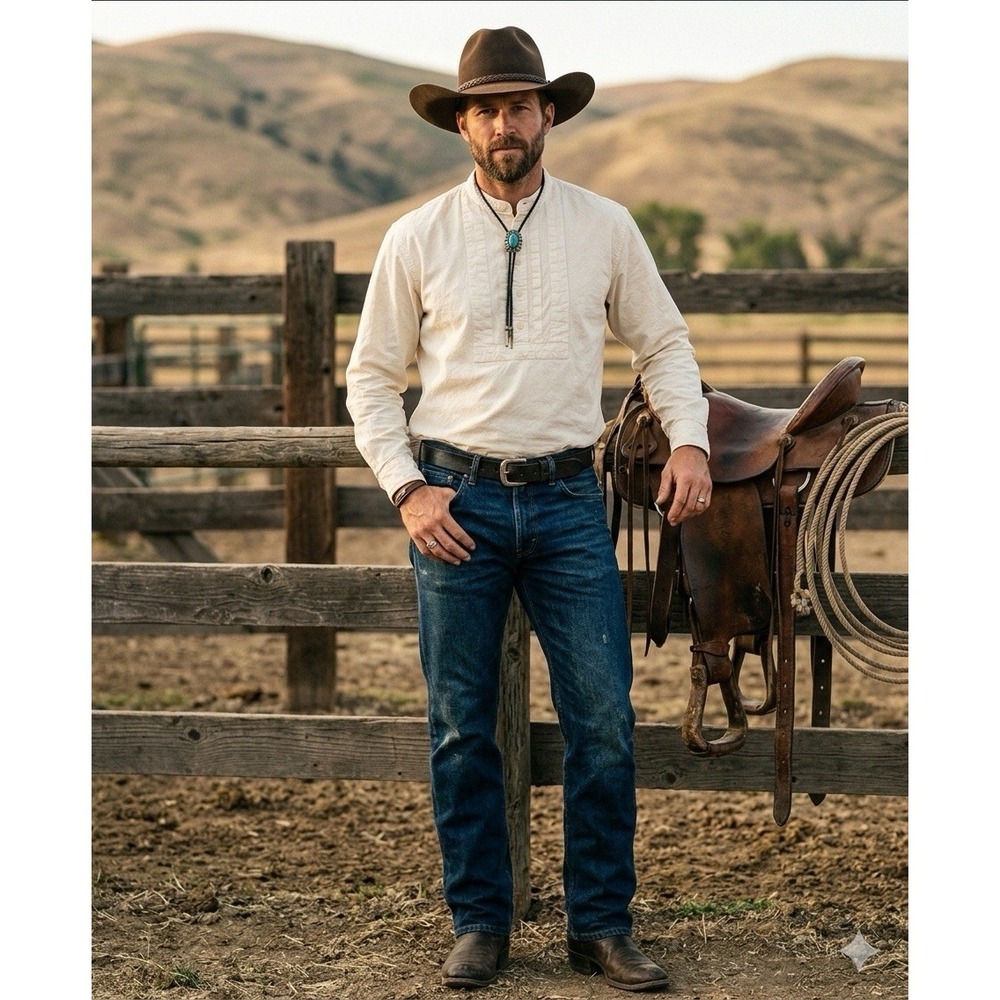 Scully Shirt Mens  L Beige Peruvian Cotton Grandad Band‎ Collar Western Cowboy